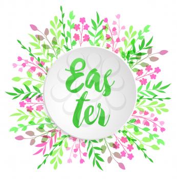 Decorative greeting card for Easter with pink and green flowers on a white background