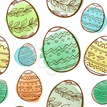 Hand drawn Easter seamless pattern with eggs and watercolor blobs on a white background