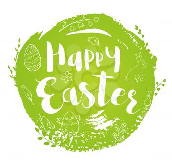 Abstract round green Easter background with lettering and doodles. Hand drawn vector illustration.