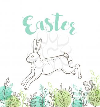 Decorative Easter greeting card with green leaves and rabbit. Hand drawn vector illustration.