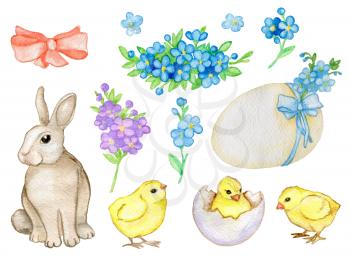 Set of hand drawn watercolor design elements for Easter