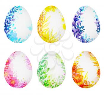 Set of decorative watercolor Easter eggs with flowers and leaves
