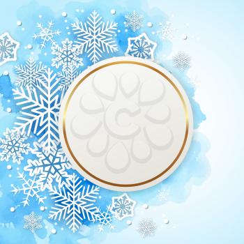 Blue Christmas watercolor background with round frame and  white snowflakes. New year greeting card. Vector illustration