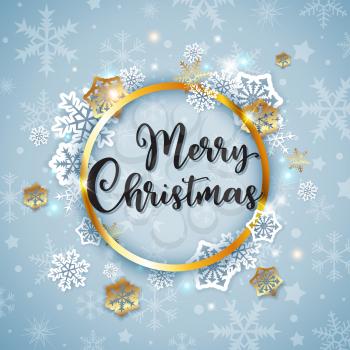 Vector Christmas banner with white paper snowflakes and golden frame on a blue background. Merry Christmas lettering.