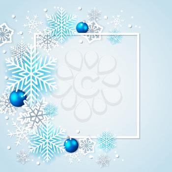 Holiday background with white snowflakes and blue decorations in frame. Abstract Christmas banner.