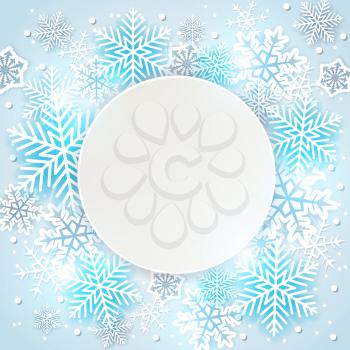 Holiday background with white and blue snowflakes. Abstract round Christmas banner.