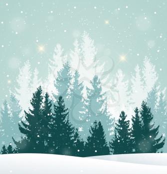 Christmas vector background with winter snowy landscape. New Year greeting card with fir tree.