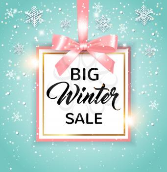 Decorative vector winter background with white snowflakes and lettering. Design for seasonal Christmas sale with pink frame and bow