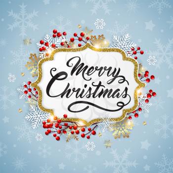 Vector Christmas background with white and golden snowflakes. New year greeting card. Merry Christmas lettering