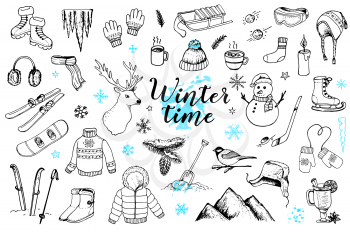 Set of vector hand drawn winter doodles on a white background. Clothing, sports equipment and nature design elements.