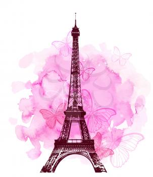 Pink watercolor romantic Valentine background with Eiffel Tower and butterfly. Vector illustration. 