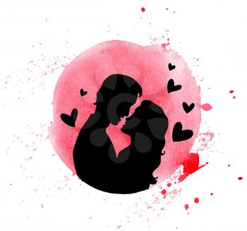 Vector Valentine greeting card with red watercolor blob and silhouette of couple in love on a white background