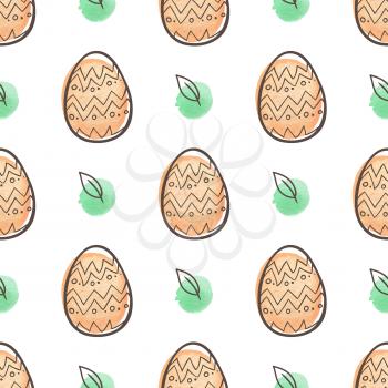 Hand drawn doodle Easter seamless pattern with orange eggs on a white background. Vector illustration.