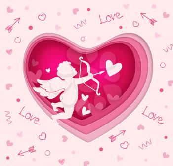 Vector cut out of paper pink heart with cupid. Romantic paper cut Valentine background. Holiday greeting card