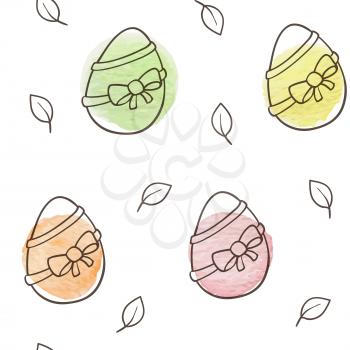 Hand drawn doodle Easter seamless pattern with eggs and watercolor blots on a white background