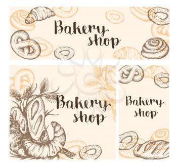 Set of vintage hand drawn vector banners with bakery products. Vintage backgrounds with food.