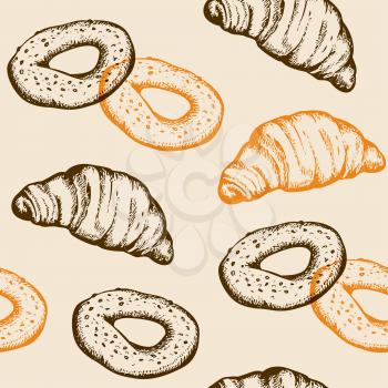 Hand drawn seamless pattern with fresh bakery produkts in vintage style. Vector background with croissant and bagel