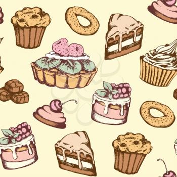 Hand drawn seamless pattern with candies and cakes in vintage style. Vector background with sweets