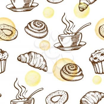 Hand drawn seamless pattern with fresh bakery produkts in vintage style. Vector background with coffee cup and croissant 