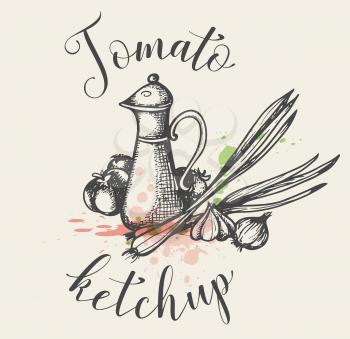 Vintage background with a jug of tomato ketchup and fresh vegetables. Hand drawn vector illustration.