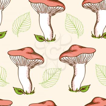 Vintage hand drawn seamless pattern with forest mushrooms and falling leaves
