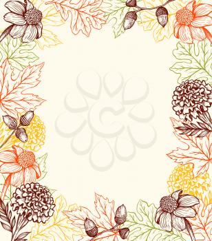 Autumn vintage background with flowers and leaves. Hand drawn vector illustration. Decorative floral frame.