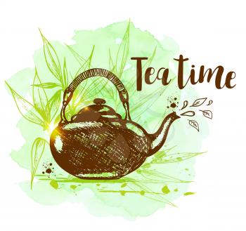 Teapot and bamboo branch on a green watercolor background in vintage style. Tea time lettering