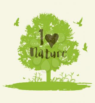 Green background with tree and birds. Ecology concept. I love nature lettering.