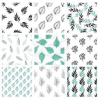 Set of hand drawn abstract floral seamless patterns with flowers and leaves