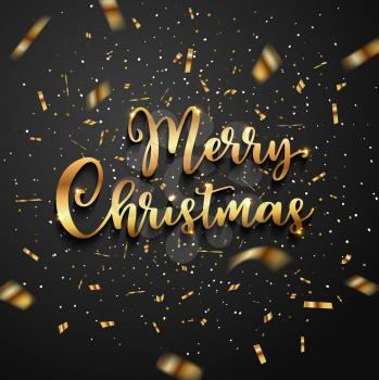Christmas greeting card with golden glittering confetti and lettering on a black background. Vector illustration.
