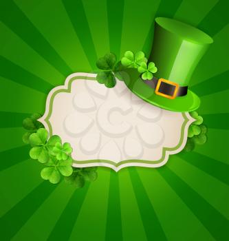 Green hat and clover leaves on a green background. Design for St. Patrick's Day. Vector illustration
