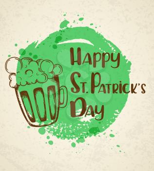 Vector retro background with beer and green round blot.  Vintage greeting card for St. Patrick's day