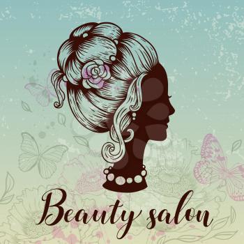 Silhouette of a female head, butterflies and flowers on a green background. Vintage style. Hand drawn vector illustration. Design for beauty salon.