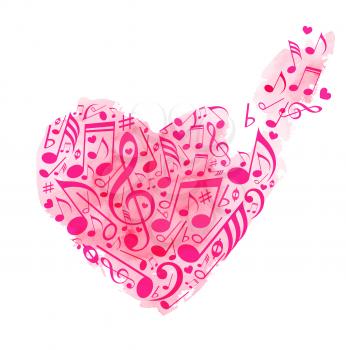 Abstract red heart of musical notes on a white background with pink watercolor texture. Vector illustration.