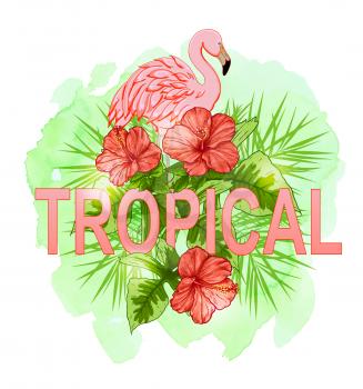 Summer tropical background with red flowers and pink flamingo. Hand drawn vector illustration with green watercolor texture