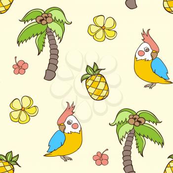 Doodle tropical seamless pattern with palm tree and parrot. Vector illustration
