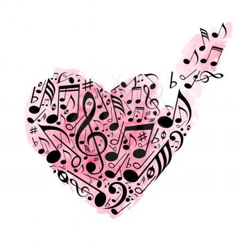 Abstract heart of musical notes on a white background with pink watercolor texture. Vector illustration.