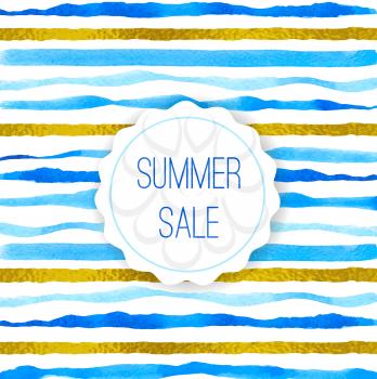 Abstract background with blue watercolor and golden lines for seasonal summer sale. Hand drawn vector illustration
