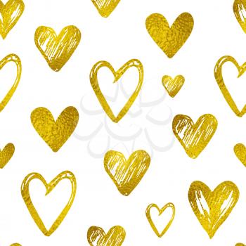 Seamless pattern with golden shining hearts on a white background. Decorative abstract festive vector illustration.