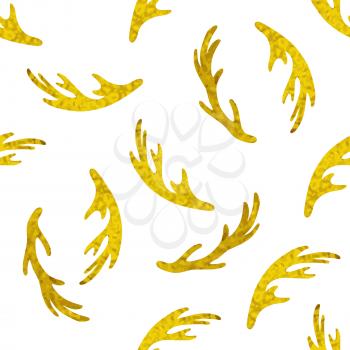 Golden vector seamless pattern with deer horns. Decorative Christmas background.
