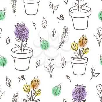 Hand drawn doodle spring floral seamless pattern with leaves and flowers in pots. Decorative vector background