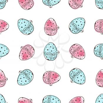 Hand drawn doodle Easter seamless pattern with eggs on a white background. Vector illustration.