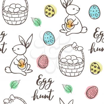 Hand drawn doodle Easter seamless pattern with eggs, rabbit and basket on a white background. Vector illustration.
