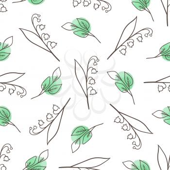 Hand drawn doodle spring floral seamless pattern with leaves and lily of the valley on a white background. Decorative vector background