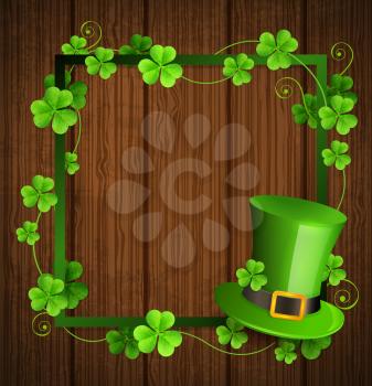 Decorative frame with clover leaves and green hat on a wooden background. Design for St. Patrick's Day. Vector illustration