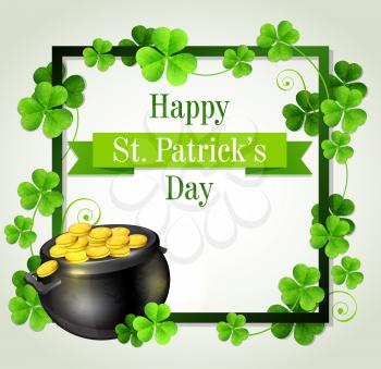 Decorative frame with clover leaves and pot of gold. Design for St. Patrick's Day. Vector illustration