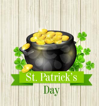 Vector background with pot of gold and clover leaves. Design for St. Patrick's Day. 