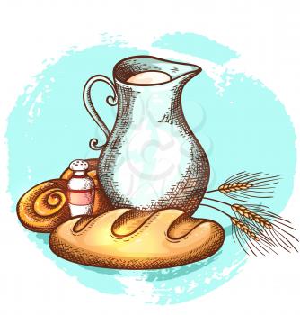 Jug of milk and fresh bread on a blue background. Dairy and bakery products. Hand drawn vector illustration.