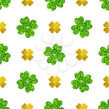Decorative seamless pattern with green and golden clover leaves on a white background. Design for St. Patrick's Day. 