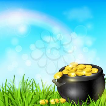 Pot of gold in a green grass. Design for St. Patrick's Day. Vector illustration